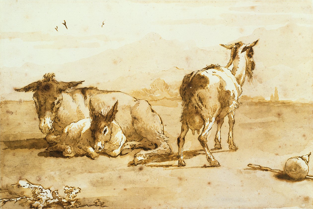 Deux ânes et une chèvre dans un paysage - Giovanni Domenico Tiepolo