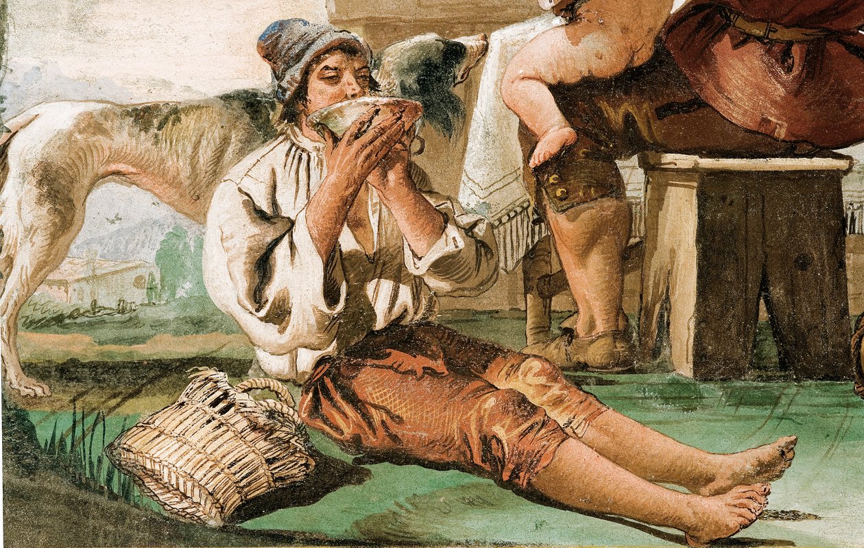(détail) Famille de paysans à table, de la salle des scènes rustiques, dans la Foresteria, 1757 - Giovanni Domenico Tiepolo
