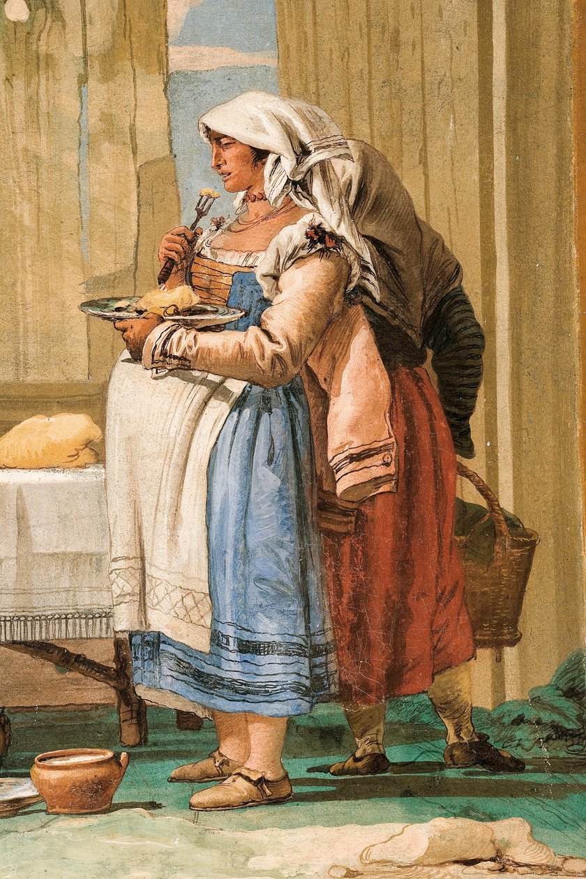 (détail) Famille de paysans à table, de la salle des scènes rustiques, dans la Foresteria, 1757 - Giovanni Domenico Tiepolo