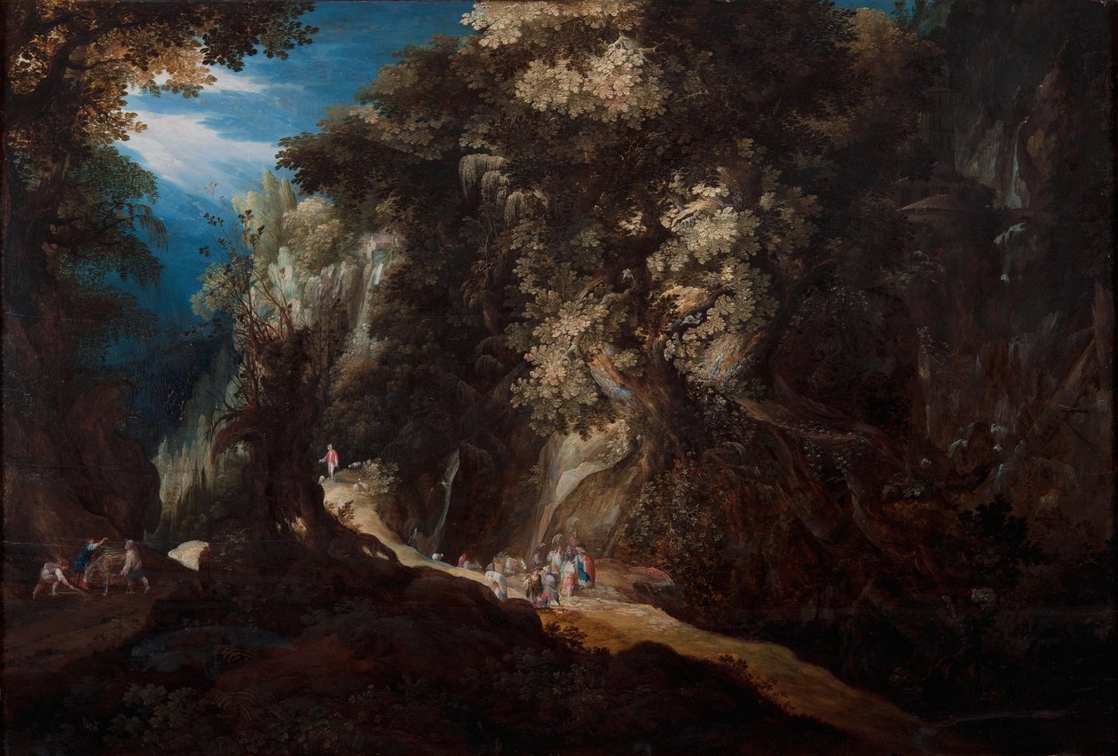 Paysage de montagne boisé avec cascade et voyageurs - Gijsbrecht Leytens