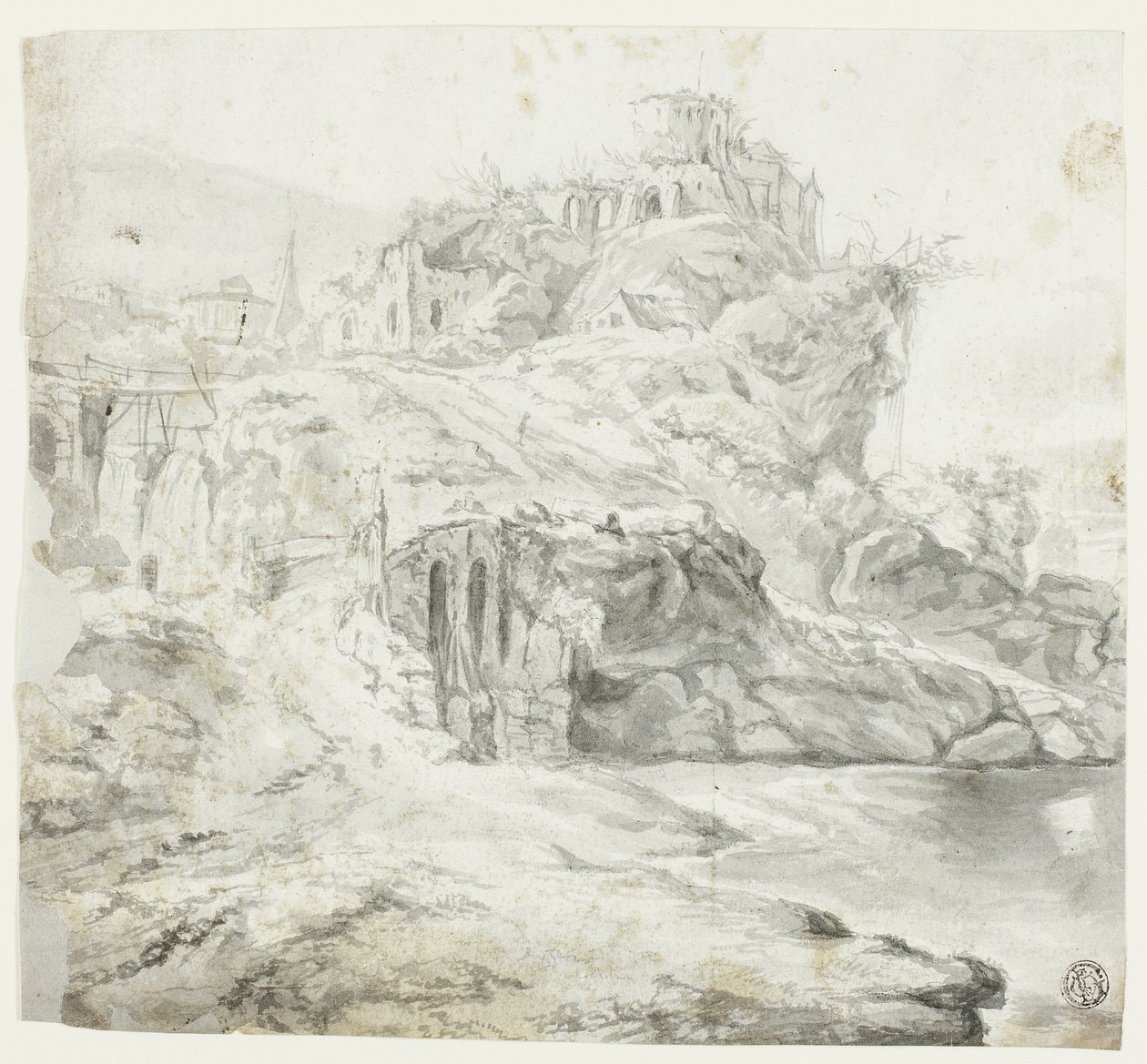 Promontoire rocheux avec ruines et cascades (recto) ; Esquisse d