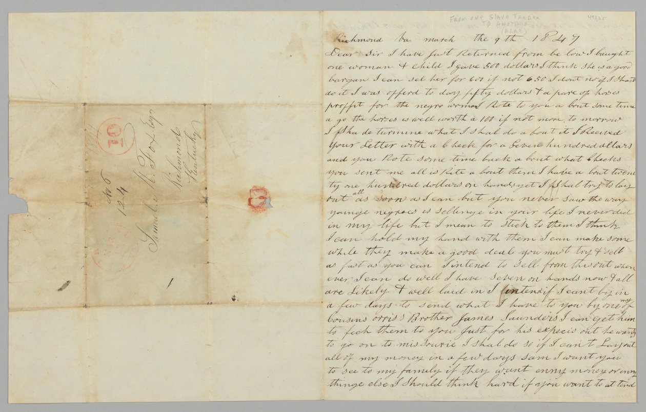 Lettre à Samuel Fox de Giles Saunders concernant la traite des esclaves, 9 mars 1847 - Giles Saunders