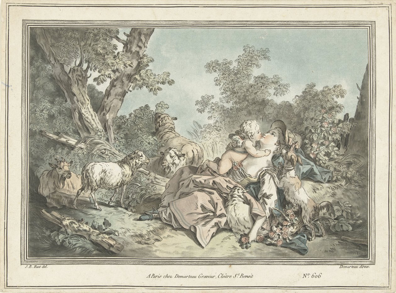 Herderin omhelst door Amor - Gilles Antoine Demarteau