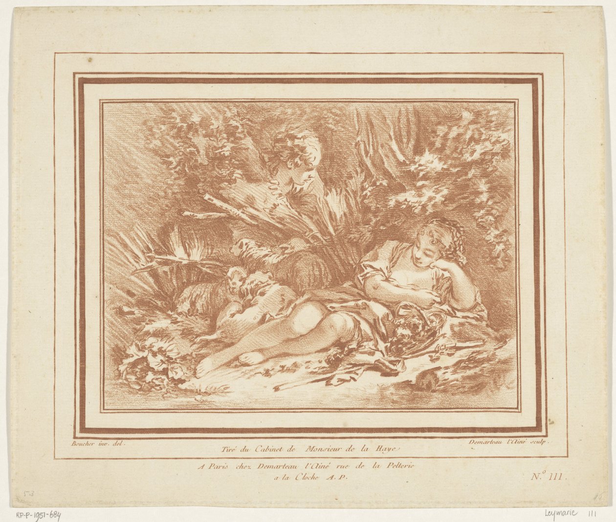Bergère couchée avec moutons et berger avec flûte - Gilles Demarteau