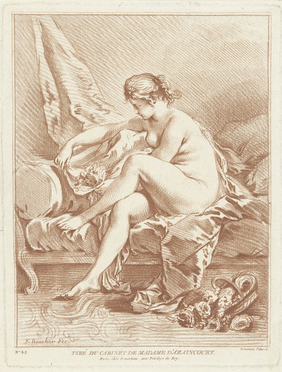 Femme nue assise sur un lit avec des fleurs - Gilles Demarteau