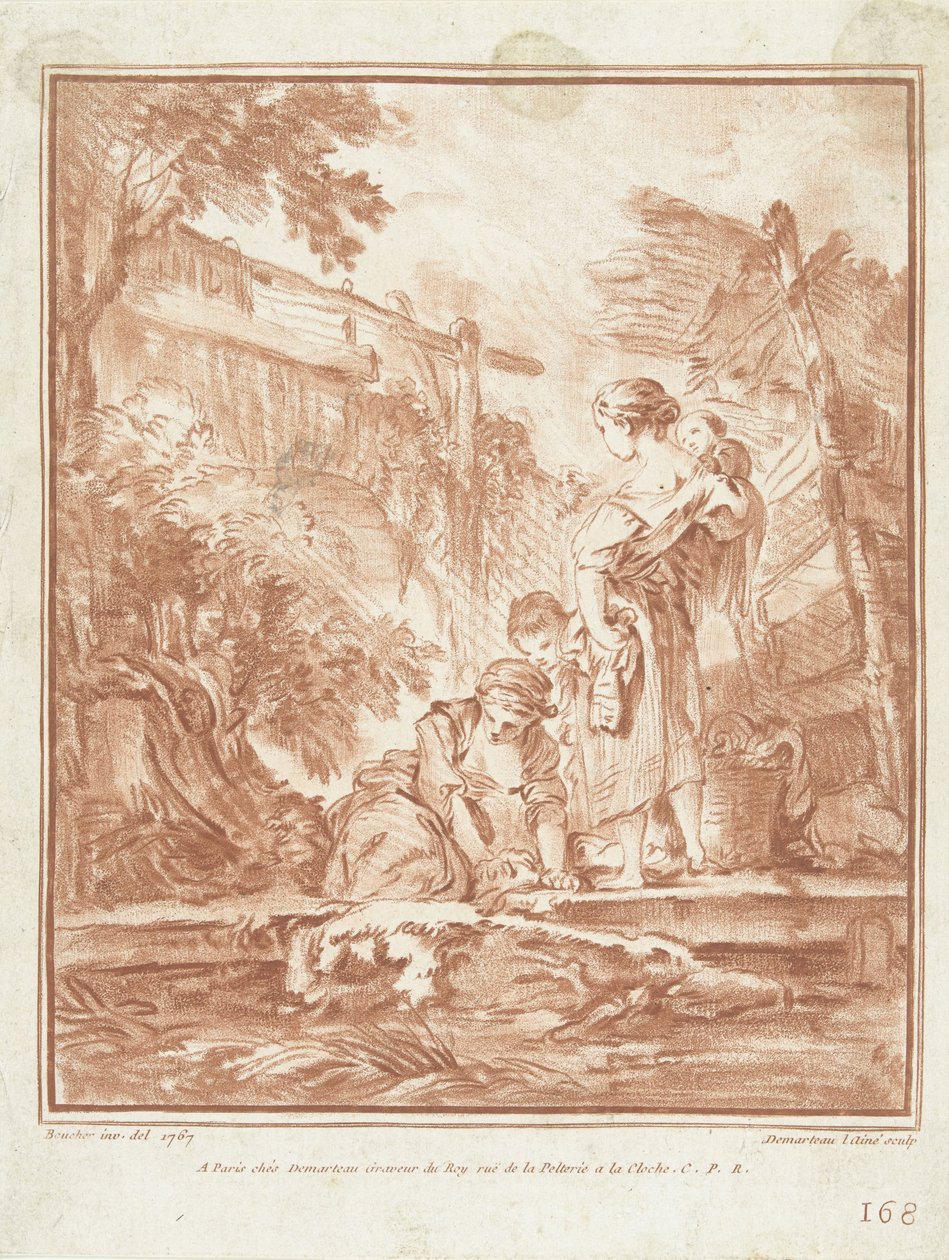 Lavandières avec enfants près d