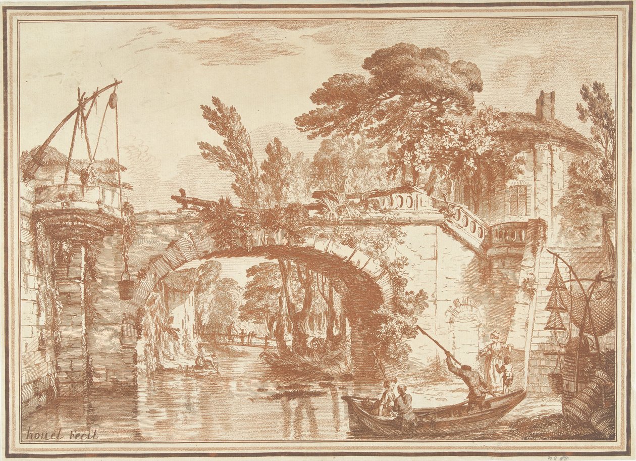 Paysage du sud avec pont et maisons près de la rivière - Gilles Demarteau