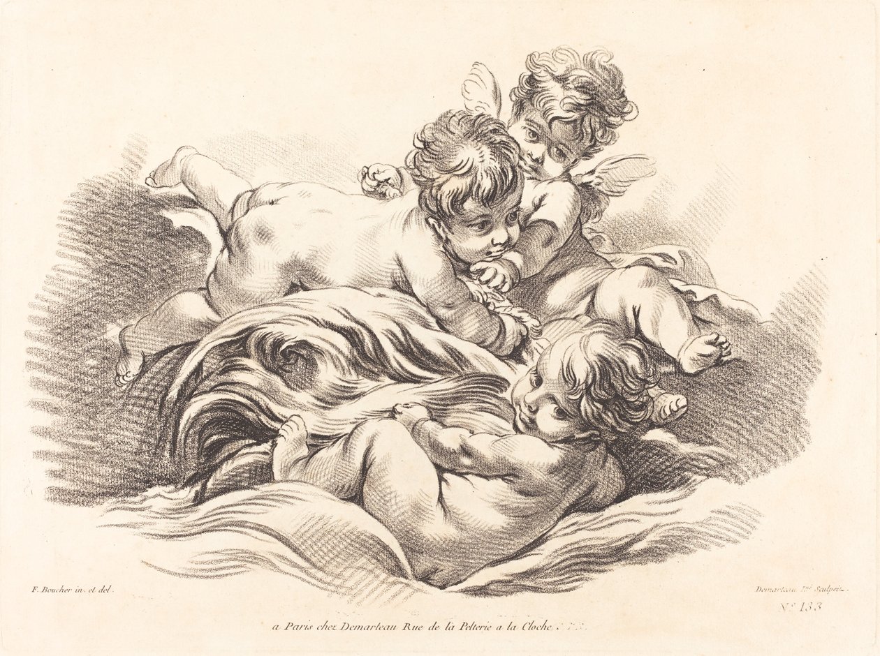 Trois chérubins jouant sur une vague semblable à un dauphin - Gilles Demarteau, the Elder after François Boucher