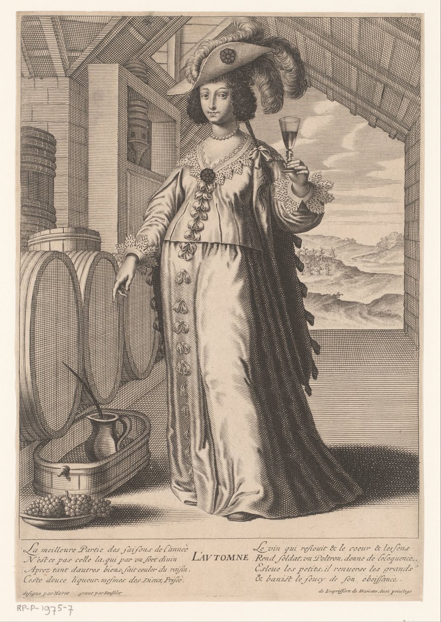 Dame avec un verre de vin près de tonneaux de vin, avec vue sur une plantation de vin (Automne) (Quatre saisons) - Gilles Rousselet