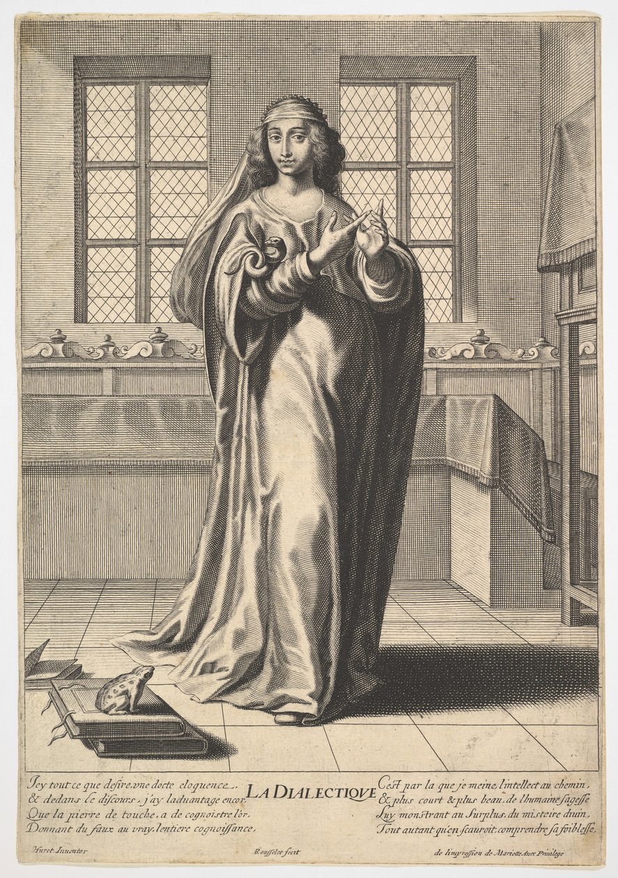 Dialectique : une jeune femme debout dans un intérieur décoré et touchant son index droit..., 1633-35 - Gilles Rousselet