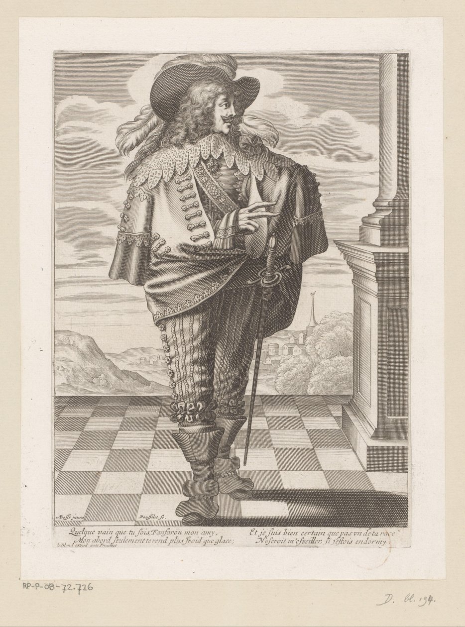 Gentilhomme debout sur une terrasse, avec un paysage en arrière-plan - Gilles Rousselet