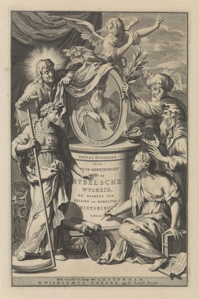 Figures bibliques révélant le portrait de Moïse (page de titre pour Wilhelmus Goeree, Voor-bereidselen tot de bybelsche wysheid, en gebruik der heilige en kerklijke historien, 1690) - Gilliam van der Gouwen