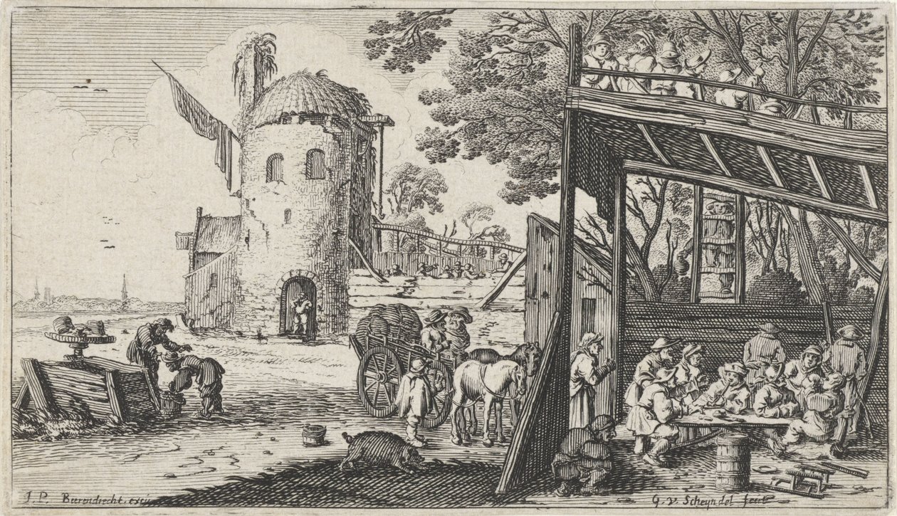 Boeren rond een tafel in een schuur (de Smaak) (Landschappen met de vijf zintuigen) - Gillis van Scheyndel (I)