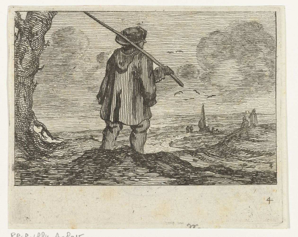 Paysage de dunes avec un homme, avec un bâton sur l