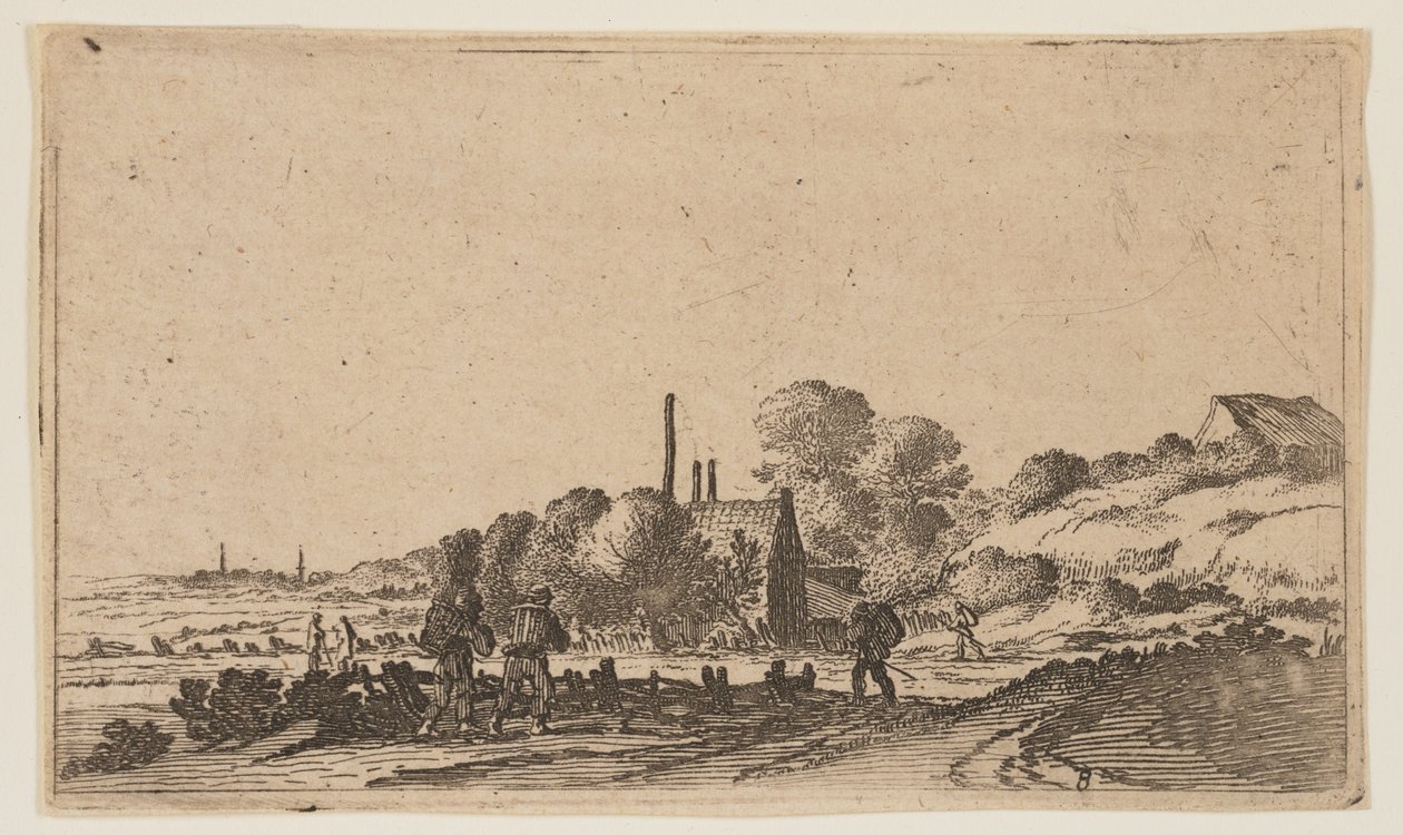 Figures sur un chemin devant des fermes sur les dunes, extrait de Douze paysages - Gillis van Scheyndel