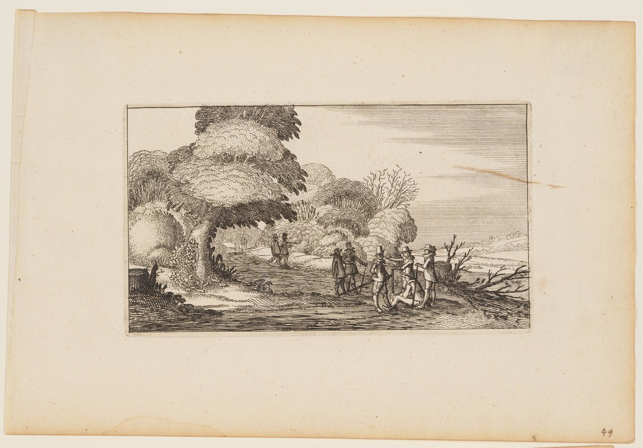 Hommes avec mousquets sur un chemin menant à travers bois, d