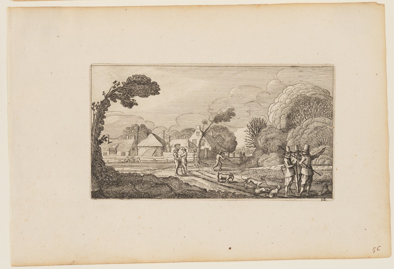 Plusieurs hommes sur un chemin devant une ferme, extrait de Douze paysages avec figures - Gillis van Scheyndel