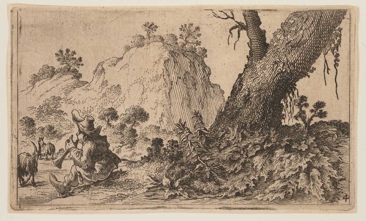Berger jouant de la flûte à bec avec un troupeau de chèvres, extrait de Douze paysages - Gillis van Scheyndel