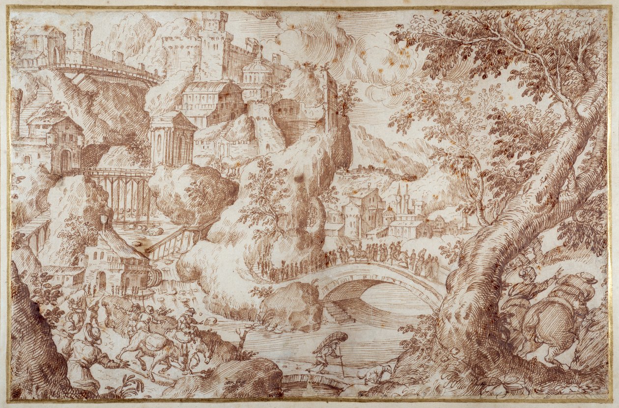 Paysage montagneux fantastique avec des ponts enjambant des ravins, une ville et des voyageurs - Gillis van Valckenborch
