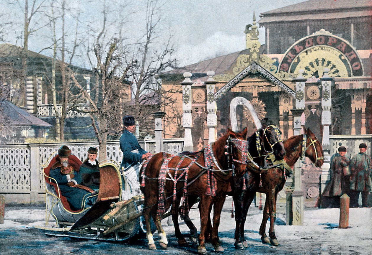 Une troïka en traîneau à Moscou, Russie, vers 1890 - Gillot
