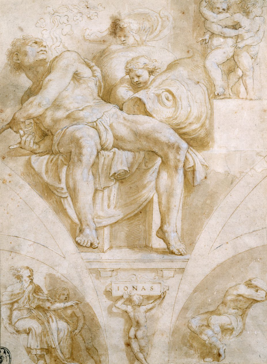 Le Prophète Jonas et deux lunettes détruites (conception pour la chapelle Sixtine) - Giorgio Giulio Clovio