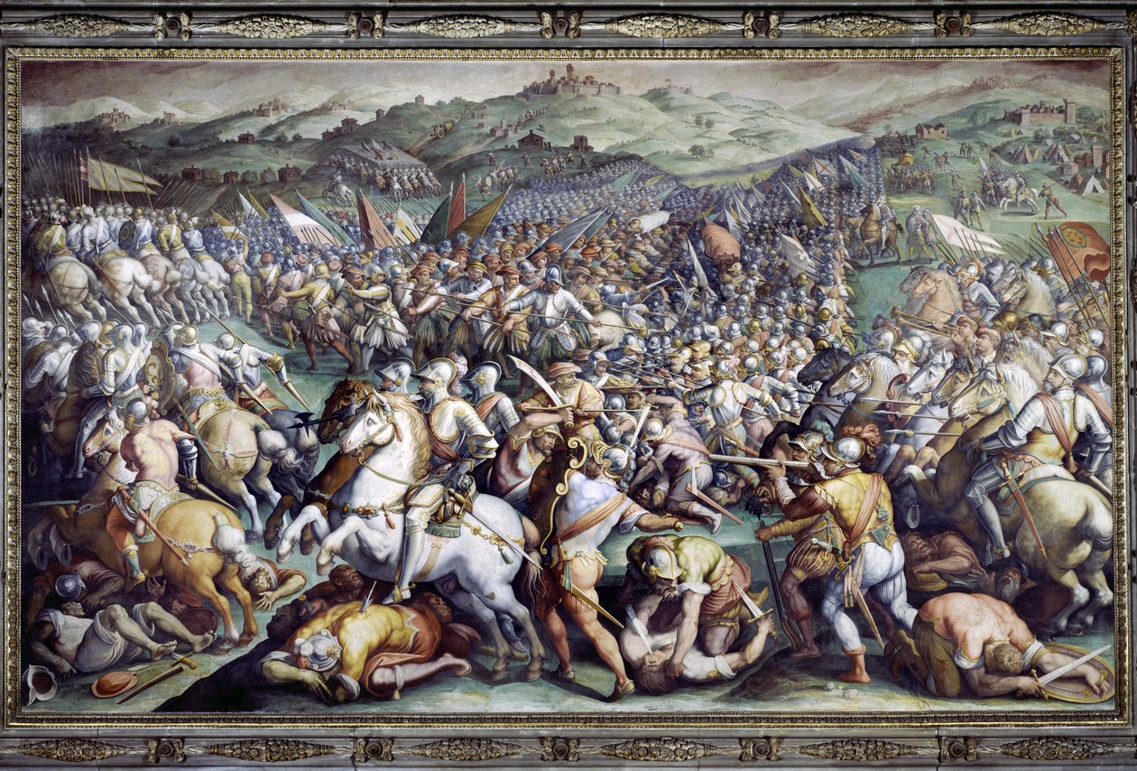 Bataille de Scannagallo en Valdichiana (Val di Chiana). Fresque de Giorgio Vasari et son atelier (1511-1574). Palazzo Vecchio (Salone dei Cinquecento) - Giorgio (and workshop) Vasari
