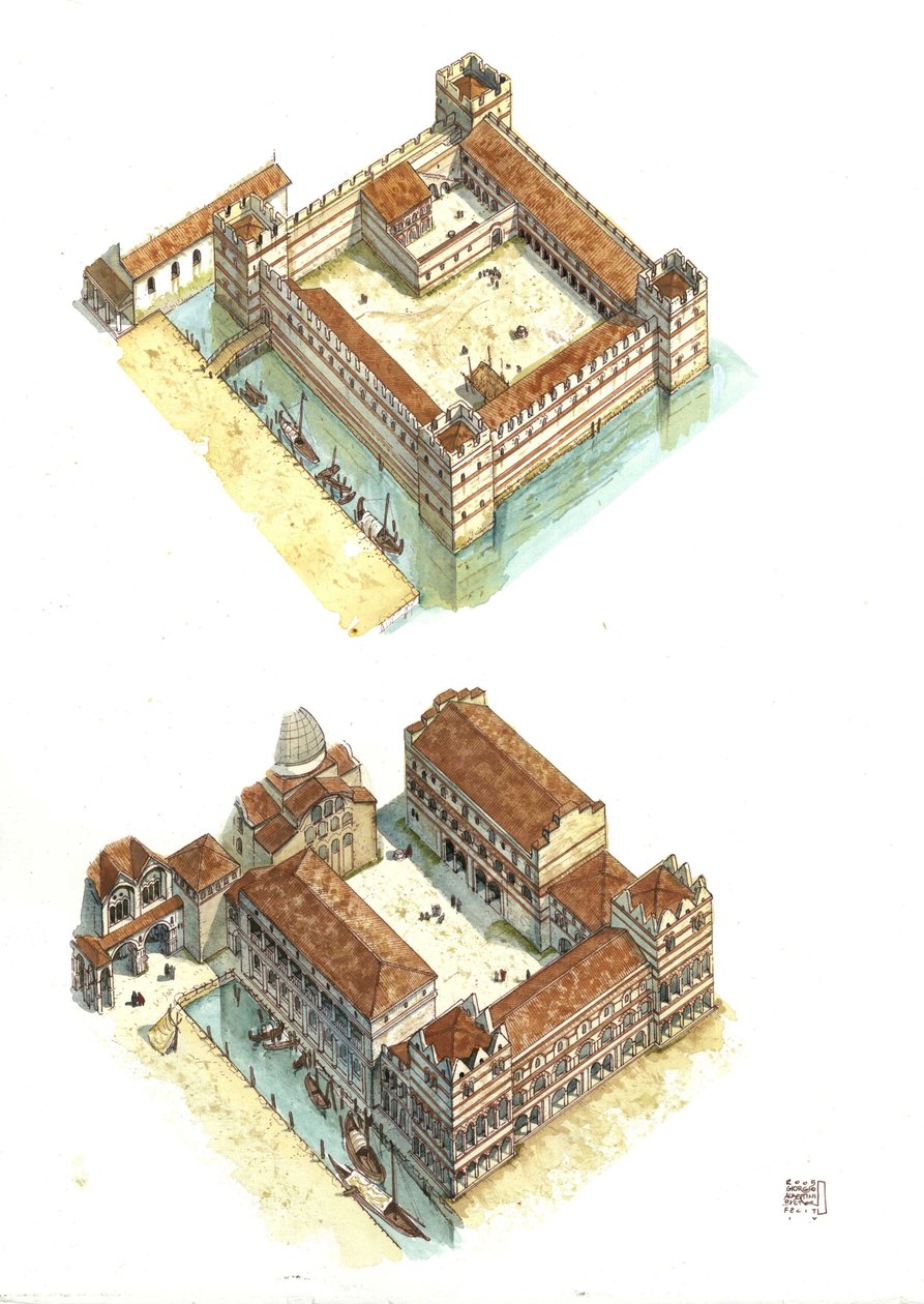 Vue aérienne des phases de construction du palais des Doges (ou palais ducal ou Palazzo Ducale) sur la place Saint-Marc à Venise aux VIIe et XIIe siècles. Italie - Giorgio Albertini
