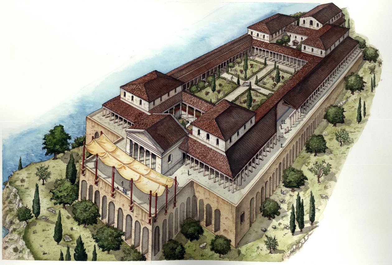 Rome antique : reconstitution de la villa romaine Catulle ou Cave di Catullo, résidence du poète latin du même nom (Ier siècle av. J.-C.), située autour de Sirmione, sur la rive méridionale du lac de Garde (lago di Garda). Italie. - Giorgio Albertini