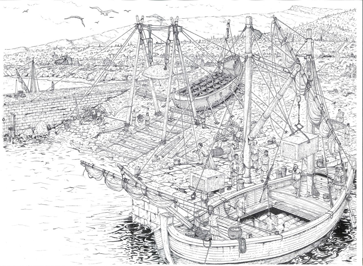 Antiquité : le transport par bateau de marbre provenant probablement des carrières de Carrare (Carrara). IIe siècle après JC Italie Illustration de Giorgio Albertini. (L
