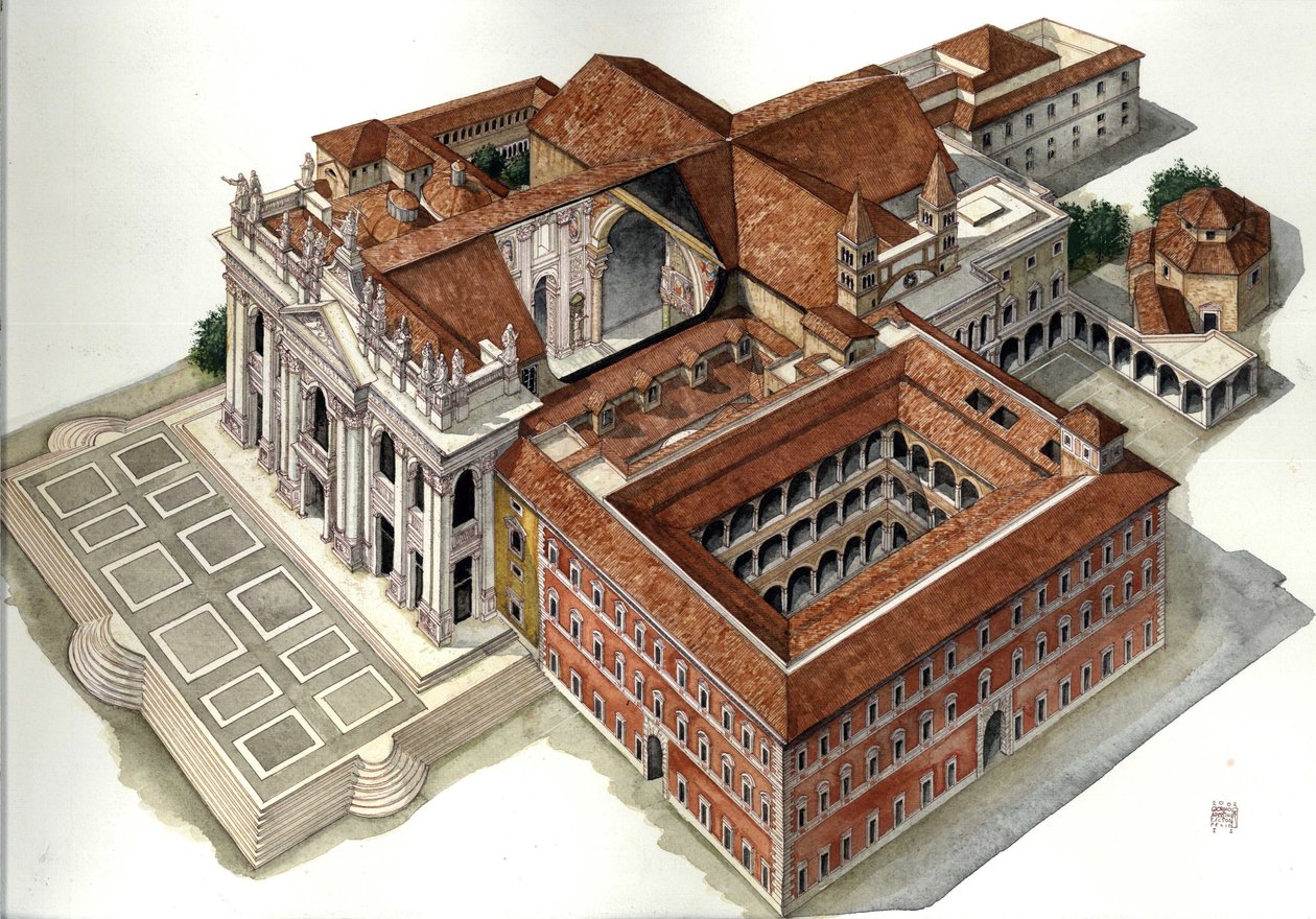 Architecture baroque : reconstruction de la basilique Saint-Jean-de-Latran (Saint-Jean-de-Latran ou San Giovanni in Laterano) (XVIIe-XVIIIe siècle) Rome Illustration de Giorgio Albertini. (L