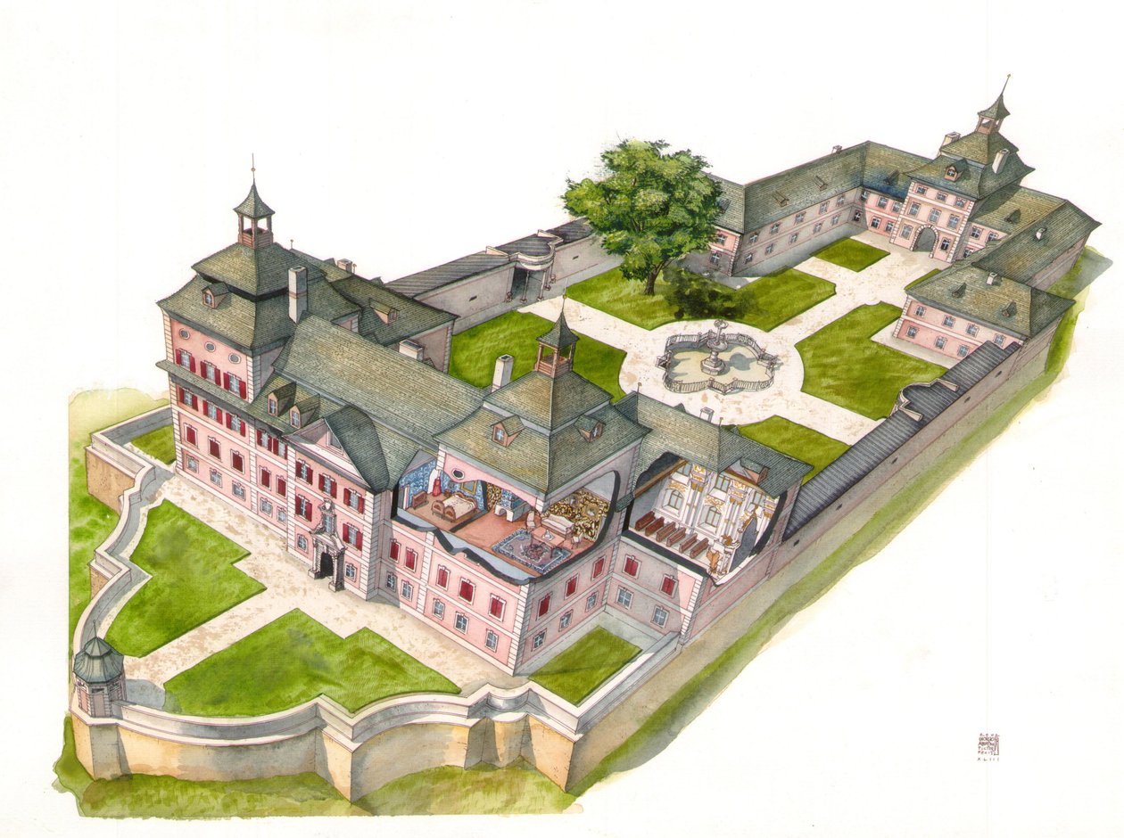 Architecture baroque : reconstruction du château de Wolfsthurn, Mareta, Bolzano, Italie Illustration de Giorgio Albertini. (L