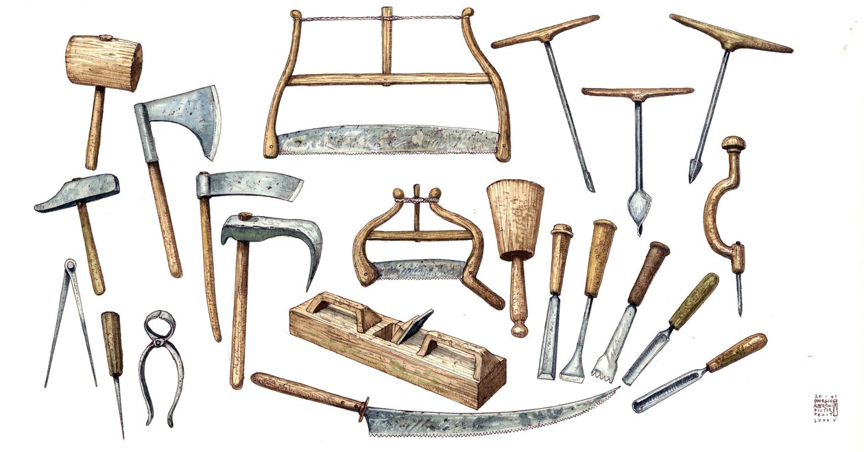 Tableau décrivant les outils utilisés par le menuisier : hache, compas, marteau, pince, scie, perceuse. - Giorgio Albertini