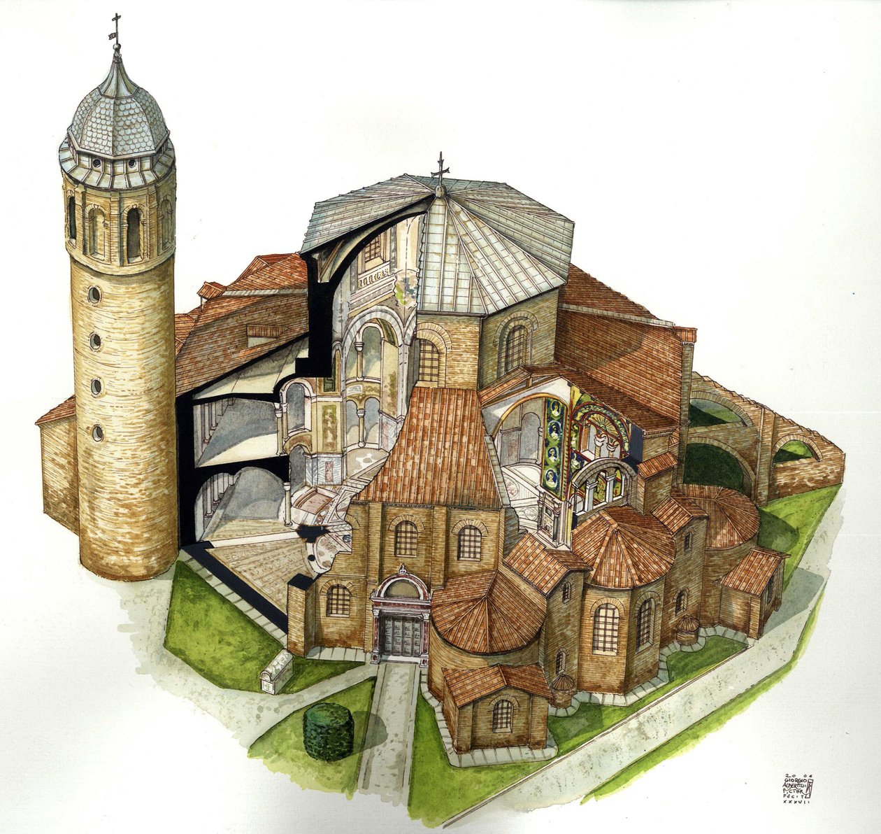 Art byzantin : représentation de la basilique Saint-Vital (Saint Vital ou San Vitale) à Ravenne (Ravenne) au Ve siècle. Vue aérienne avec des coupes pour voir l