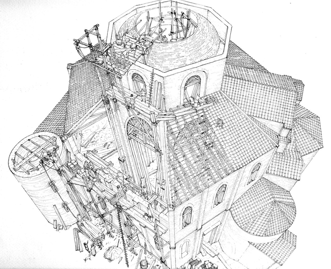 Art byzantin : représentation du chantier de construction de la basilique Saint-Vital (Saint Vital ou San Vitale) à Ravenne au Ve siècle. Vue aérienne montrant les ouvriers sur l