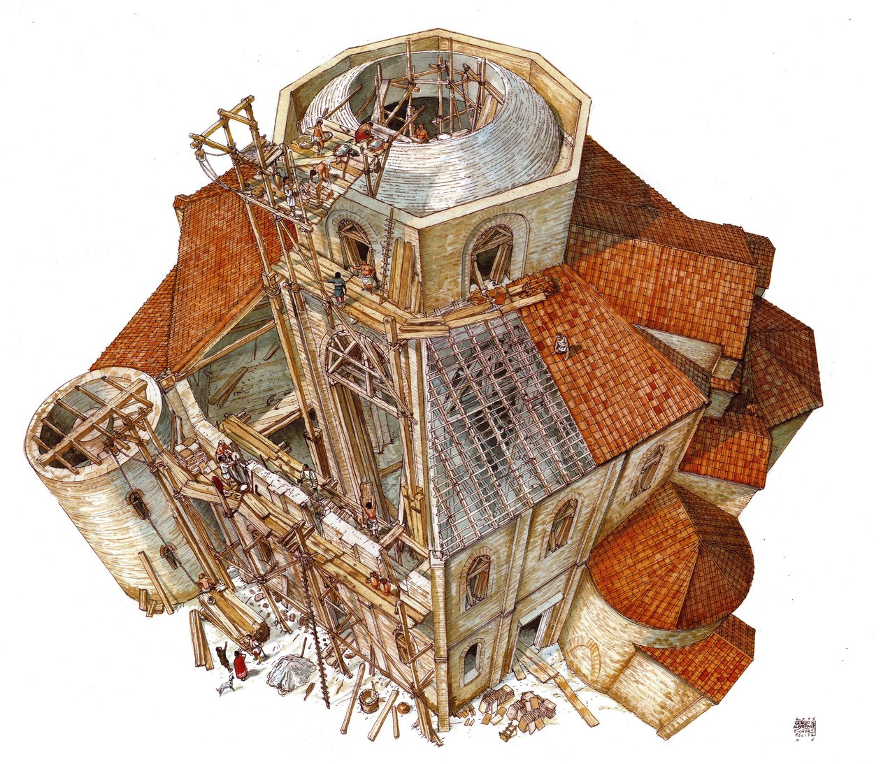 Art byzantin : représentation du chantier de construction de la basilique Saint-Vital (Saint Vital ou San Vitale) à Ravenne au Ve siècle. Vue aérienne montrant les ouvriers sur l