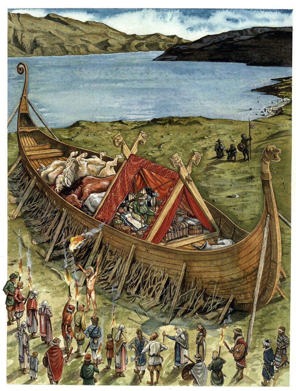 Cérémonie de funérailles chez les Vikings, le défunt est placé dans un bateau échoué (drakkar) rempli d