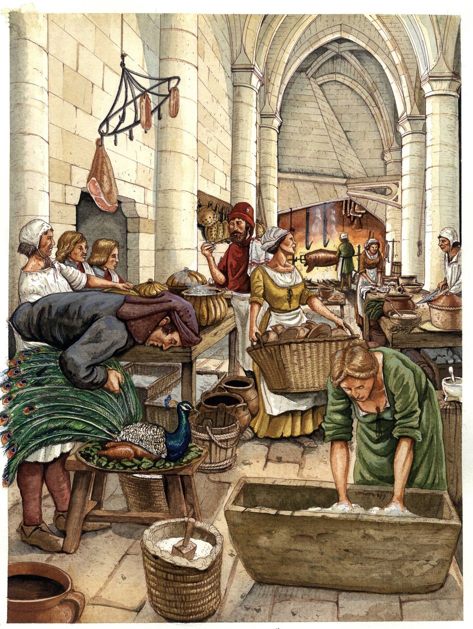 La vie quotidienne au Moyen Age : préparation des repas dans la cuisine d