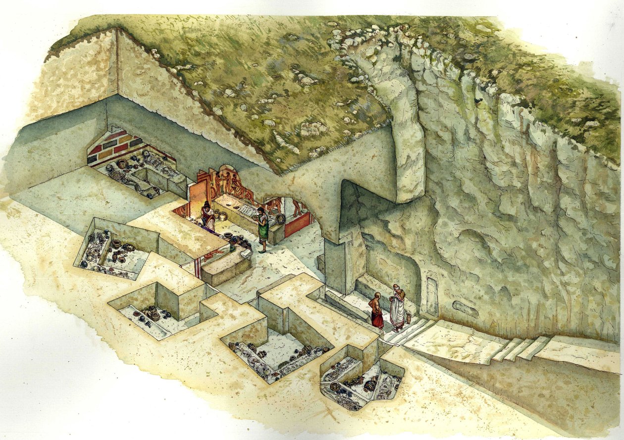 Civilisation étrusque : reconstruction et découpage de la tombe François de Vulci. IIIe siècle avant J.-C. Italie - Giorgio Albertini