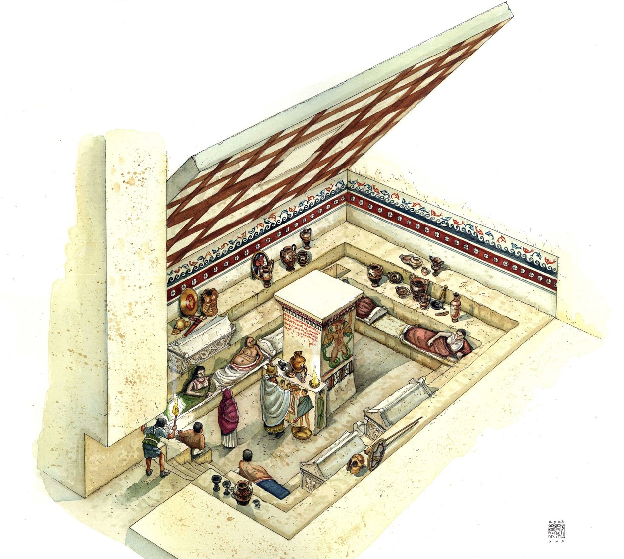 Civilisation étrusque : reconstruction et découpage de la tombe du Tifone (typhon), nécropole de Tarquinia. IIe siècle avant J.-C. Italie - Giorgio Albertini