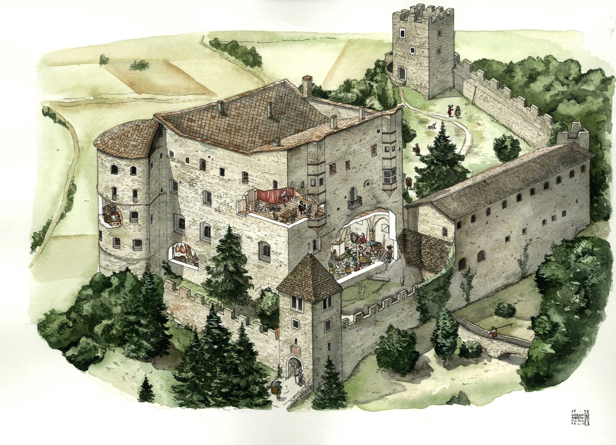 Architecture médiévale : vue du château de Pergine, avec des coupes permettant de voir la vie des habitants dans les pièces du château au XVIe siècle. Pergine Valsugana, Trento, Italie Illustration de Giorgio Albertini. (L