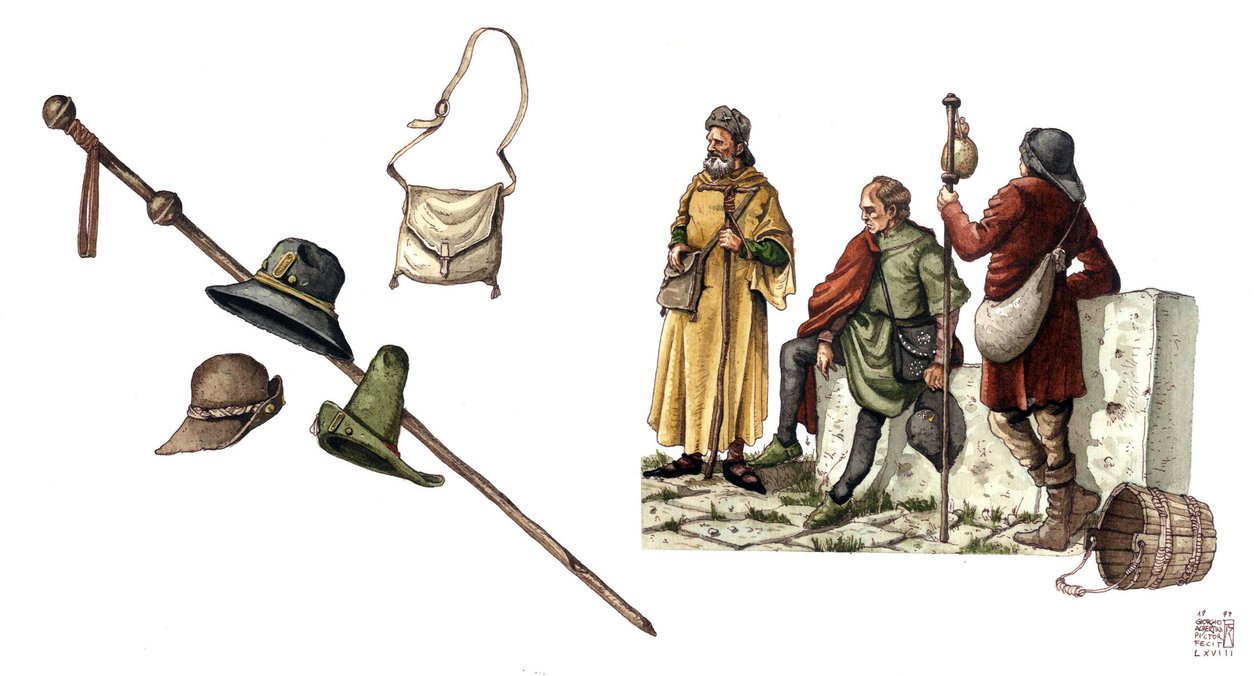 Mode médiévale : costume pelerin entre le 12e et le 14e siècle, sac, chapeaux, canne, tuniques. - Giorgio Albertini