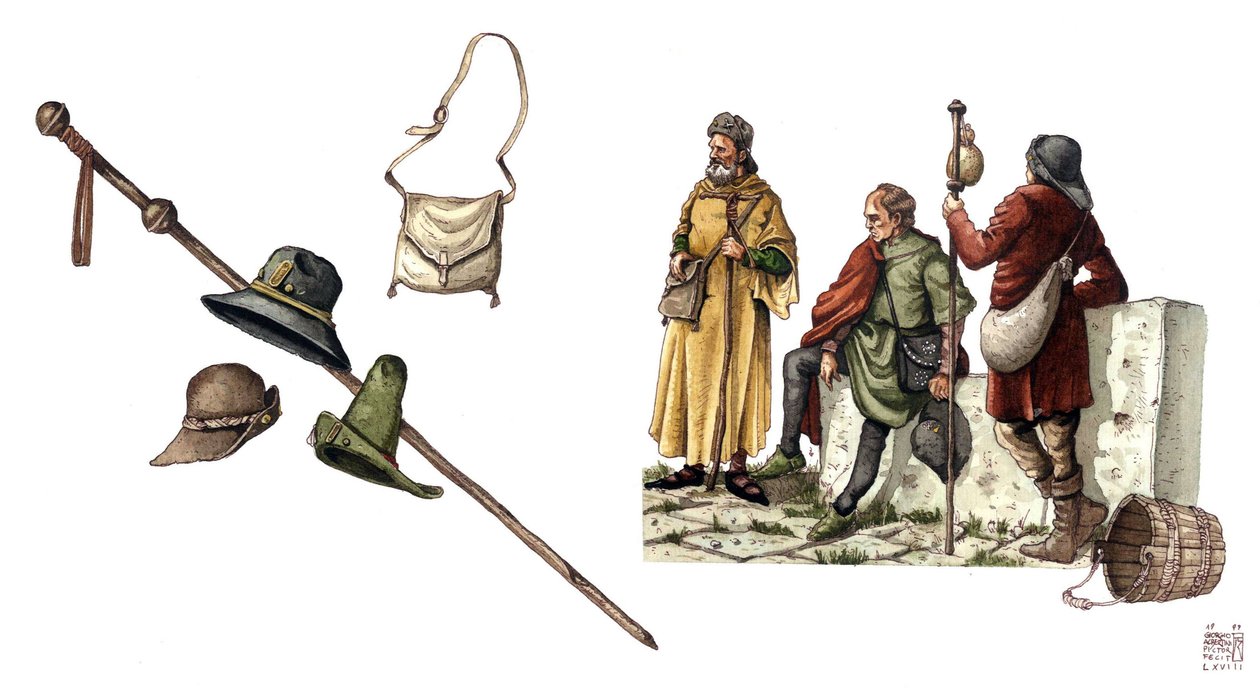Mode médiévale : costume pelerin entre le 12e et le 14e siècle, sac, chapeaux, canne, tuniques. - Giorgio Albertini