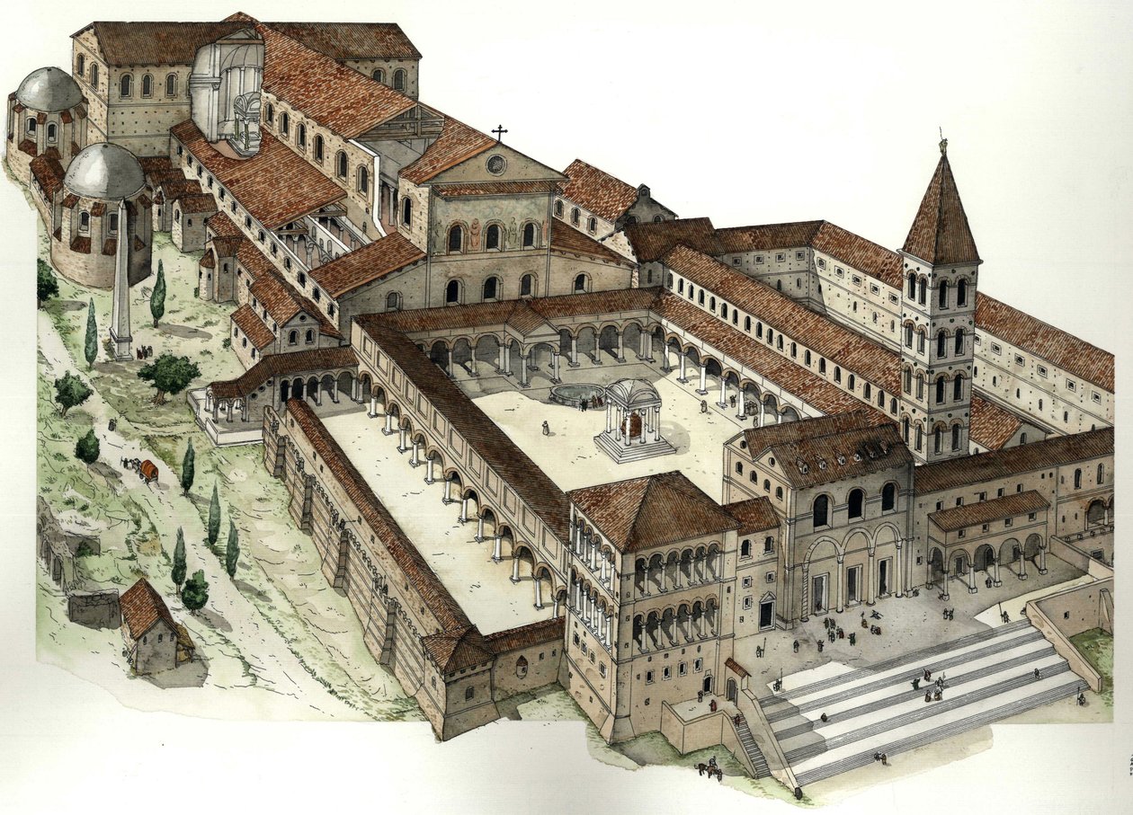 Moyen Âge : Ancienne basilique Saint-Pierre de Rome (basilique de San Pietro ou basilique de Constantin) vers 1300, Rome, Italie - Giorgio Albertini