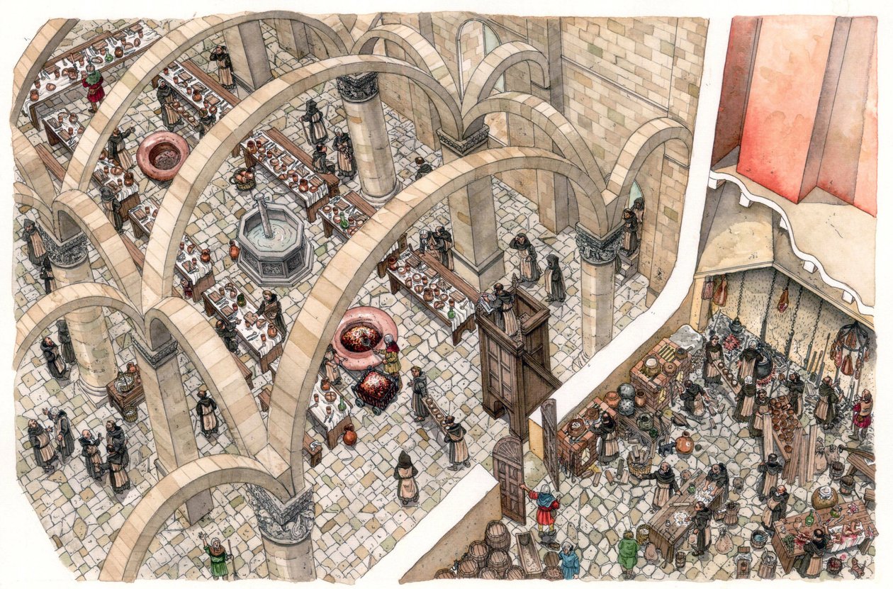 Moyen Âge : un réfectoire et une cuisine dans un monastère. Les religieux travaillent à la préparation des repas de la communauté. 12e ou 13e siècle - Giorgio Albertini