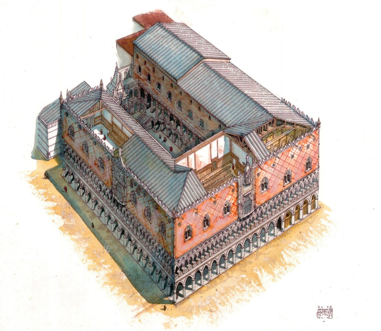 Moyen Âge : vue aérienne et coupe architecturale du palais des Doges (ou palais ducal ou Palazzo Ducale) sur la place Saint-Marc à Venise au XVe siècle. Italie - Giorgio Albertini