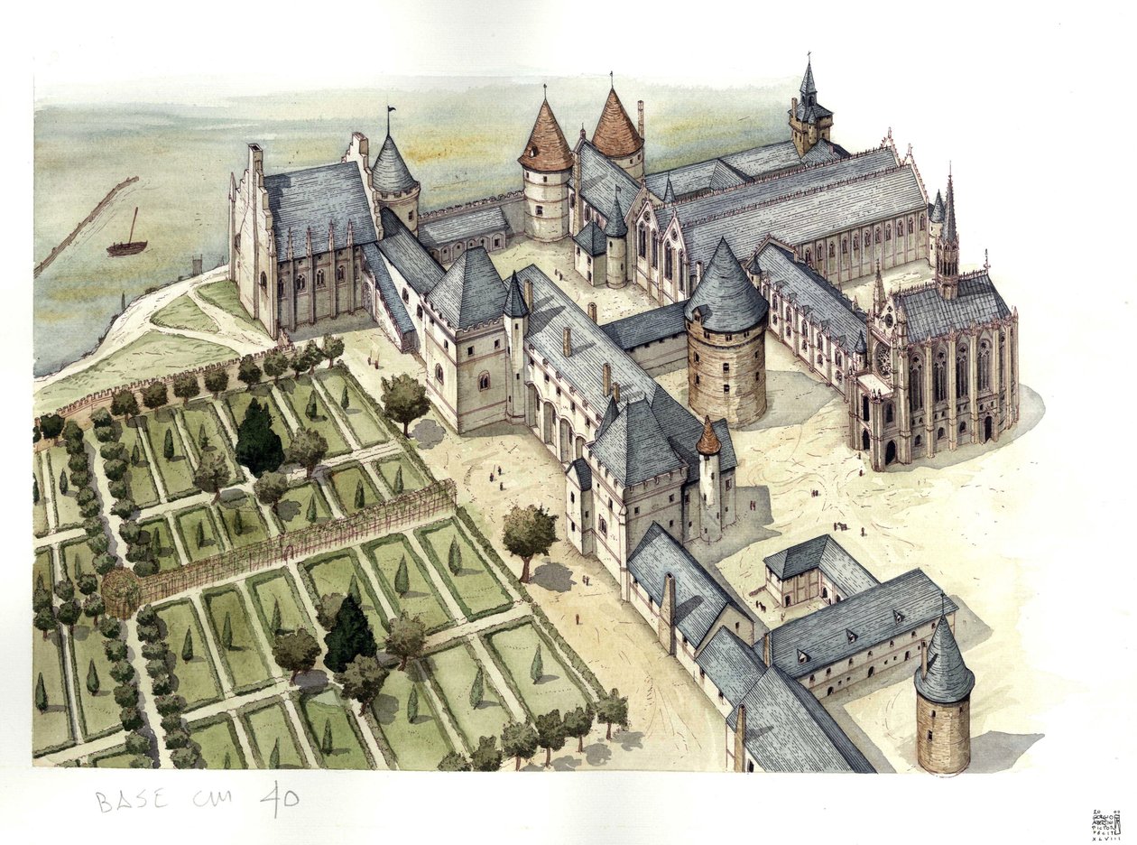 Moyen Âge : vue aérienne du palais de la Conciergerie à Paris tel qu