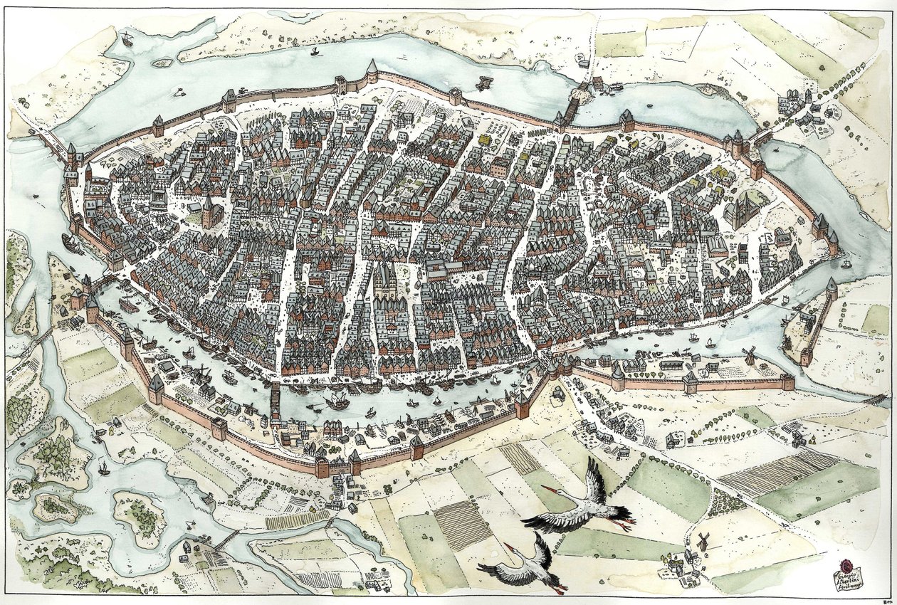 Moyen Âge : vue aérienne de la ville de Lubeck en Allemagne avec plan des rues, montrant sa position géographique sur une île au confluent des rivières Wakenitz et Trave. 15e siècle. Allemagne Illustration de Giorgio Albertini. (L