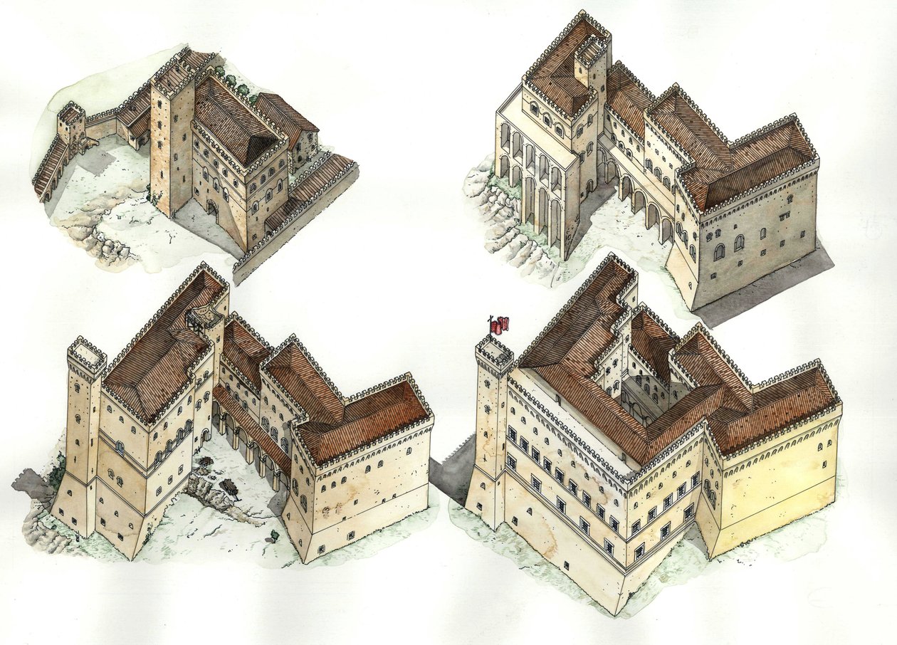 Moyen Âge : vue aérienne des différentes phases de construction du Palais du Vatican (Vaticano) entre le 12e et le 15e siècle. Rome Italie - Giorgio Albertini