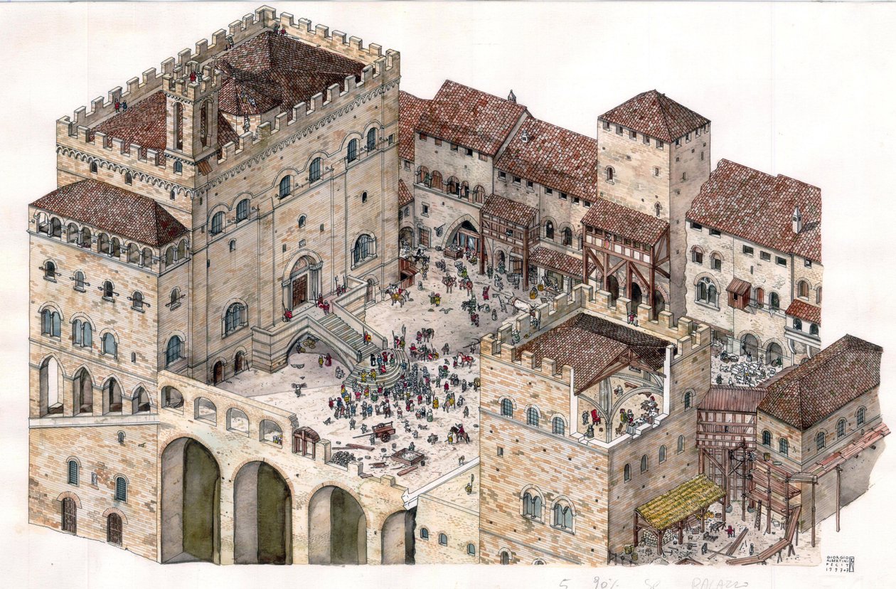 Moyen Âge : vue aérienne de la place centrale de la ville de Gubbio (Ombrie) en Italie au XIVe siècle. Le palais des consuls est visible sur la gauche. - Giorgio Albertini