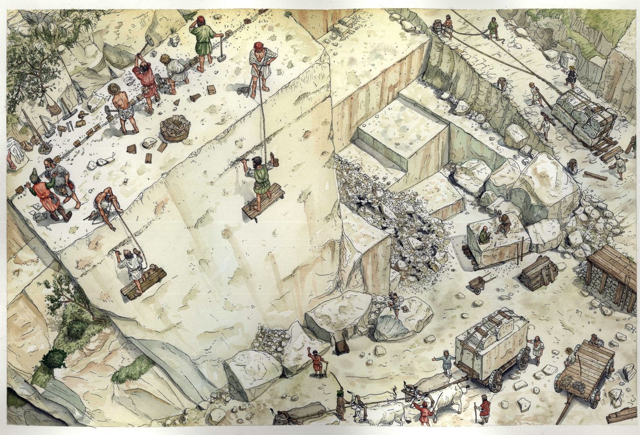 Moyen Âge : vue aérienne représentant des ouvriers travaillant dans les carrières de marbre de Carrare (Carrara) au XVe siècle. Les différentes étapes sont représentées, extraction, taille des blocs, transport. Italie Illustration de Giorgio Albertini. (L